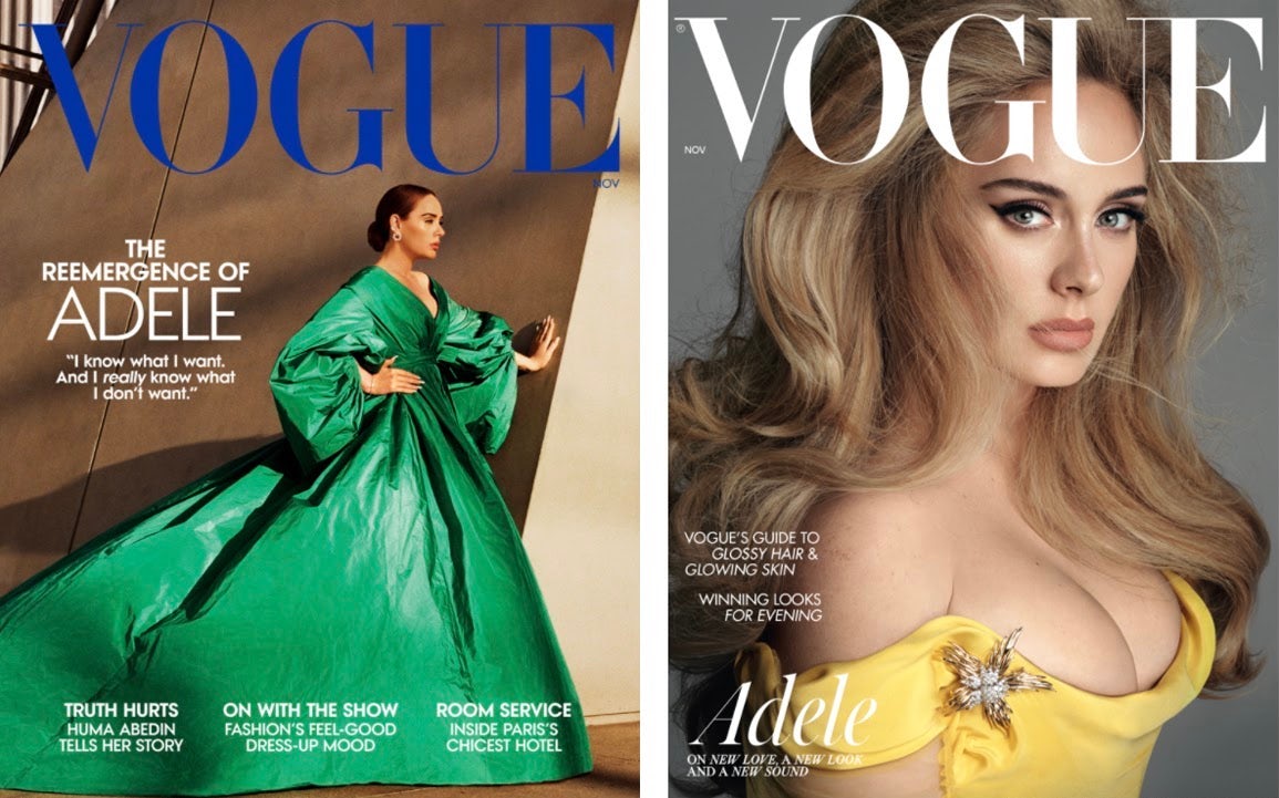 Adele covers American Vogue (left) and British Vogue (right). Alasdair Mclellan and Steven Meisel