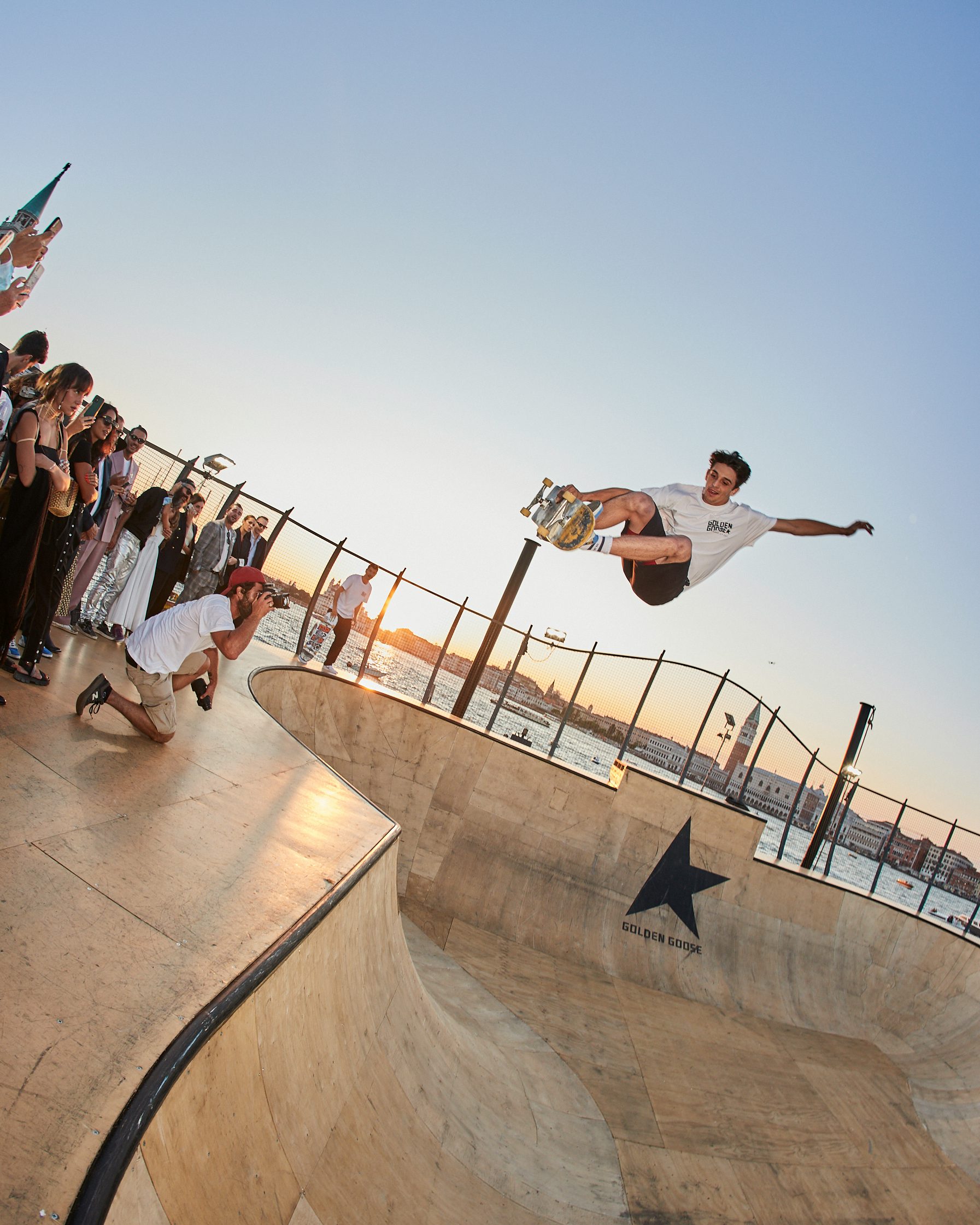 Cory Juneau skateboards at Golden Goose's floating bowl in Venice. Golden Goose.