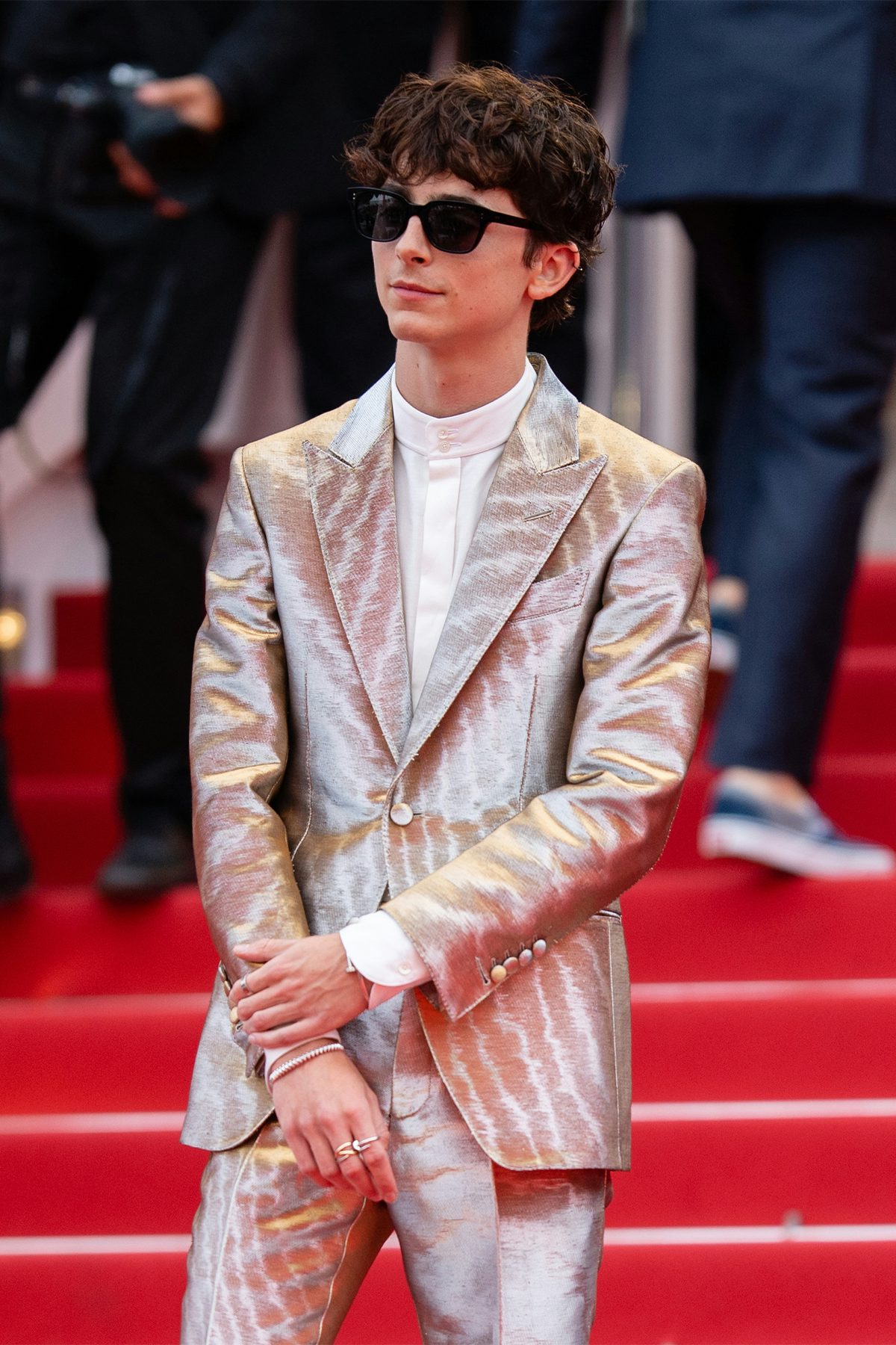 Actor Timothee Chalamet was frequently dripping in Cartier jewels during his appearances at the 2021 Cannes Film Festival. Getty.