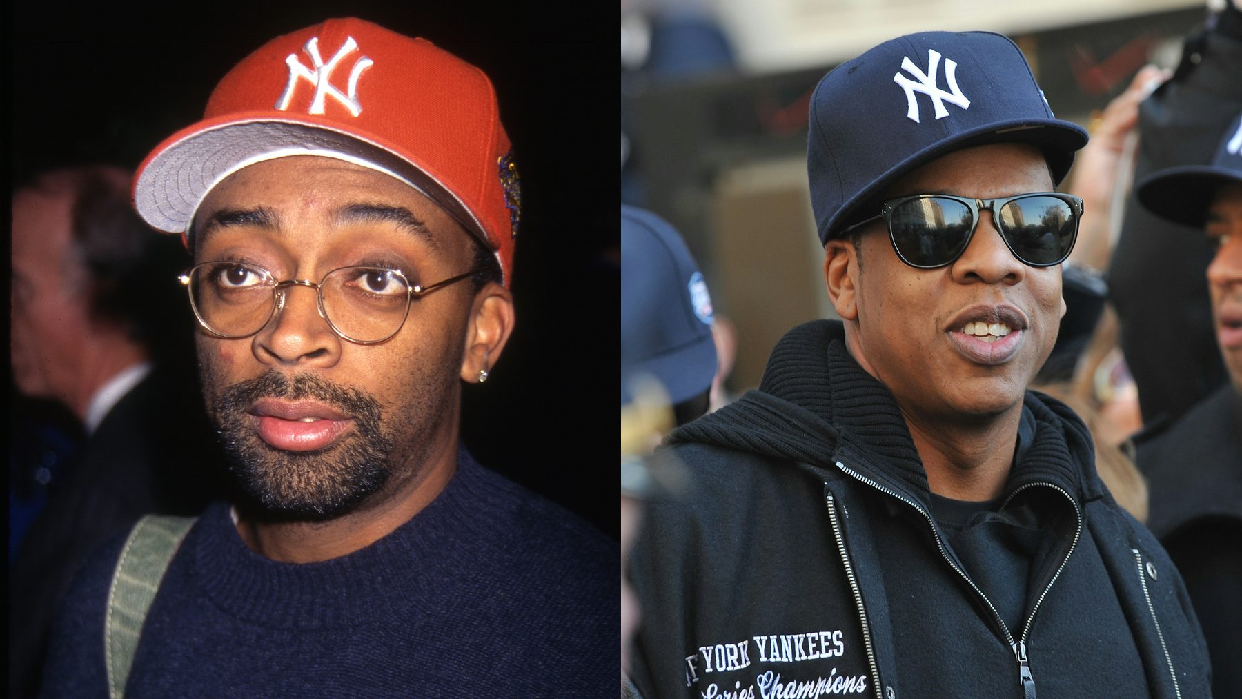 Left: Film director Spike Lee, wearing a red New York Yankees baseball cap at a fashion show in 1998; Right: Jay-Z attends the New York Yankees World Series victory parade in 2009. Getty Images.