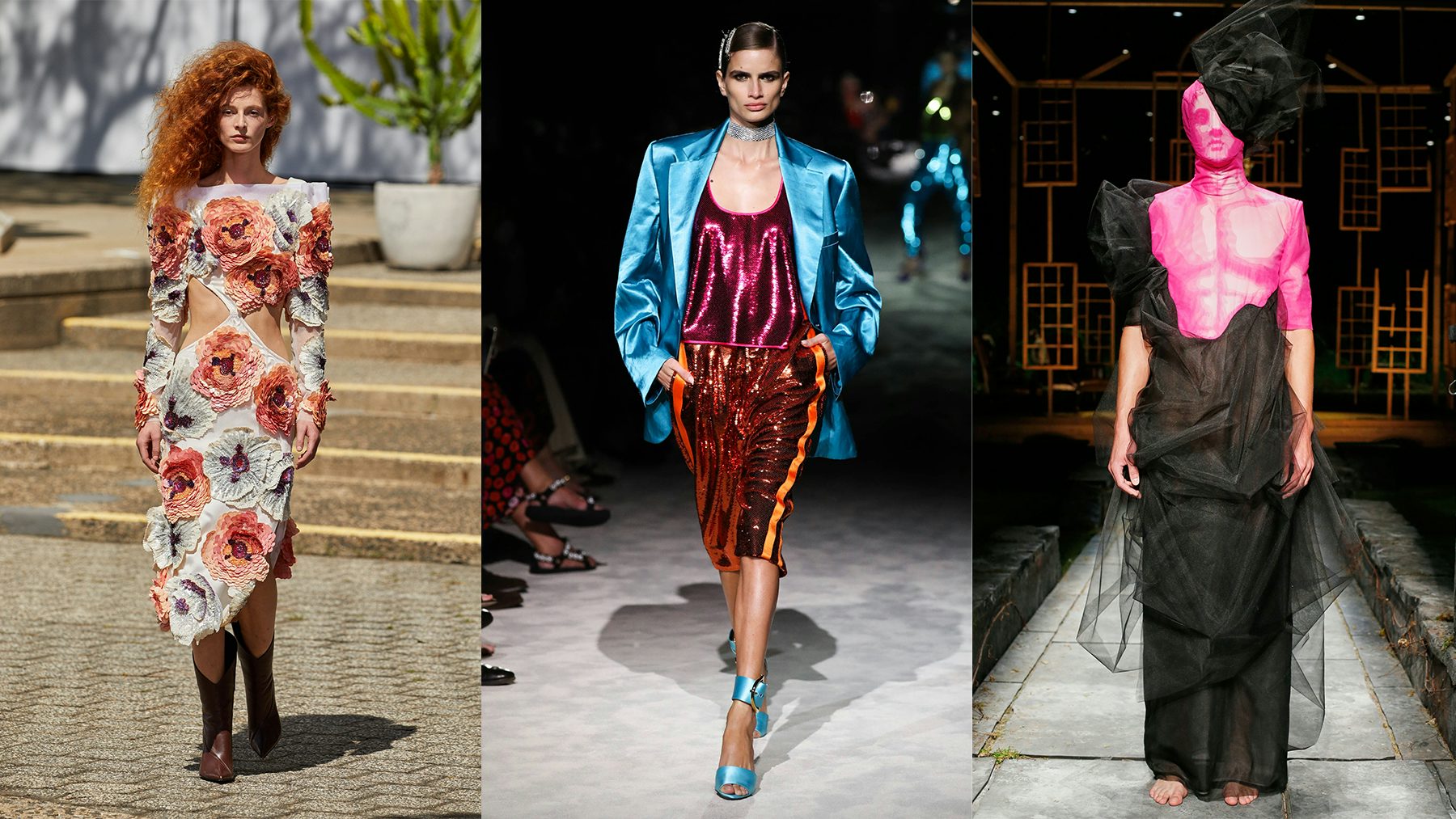 Spring-Summer 2022 looks from Rodarte, Tom Ford and Thom Browne. Courtesy, Getty Images. 