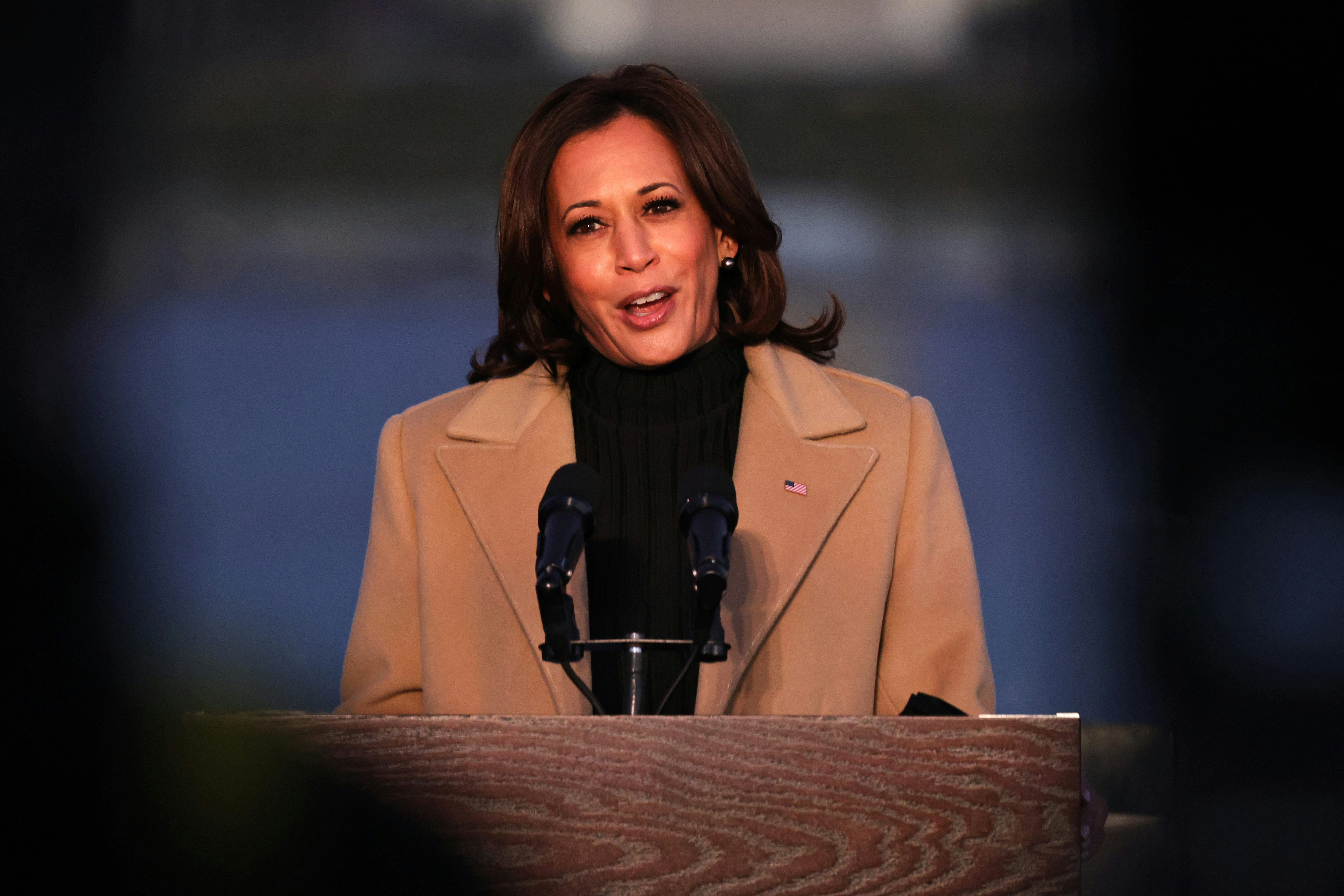 Vice President-elect Kamala Harris speaks at a Covid-19 memorial event in Washington, DC wearing a coat by Pyer Moss. Getty. 